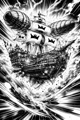 a drawing of a pirate ship in the middle of a storm