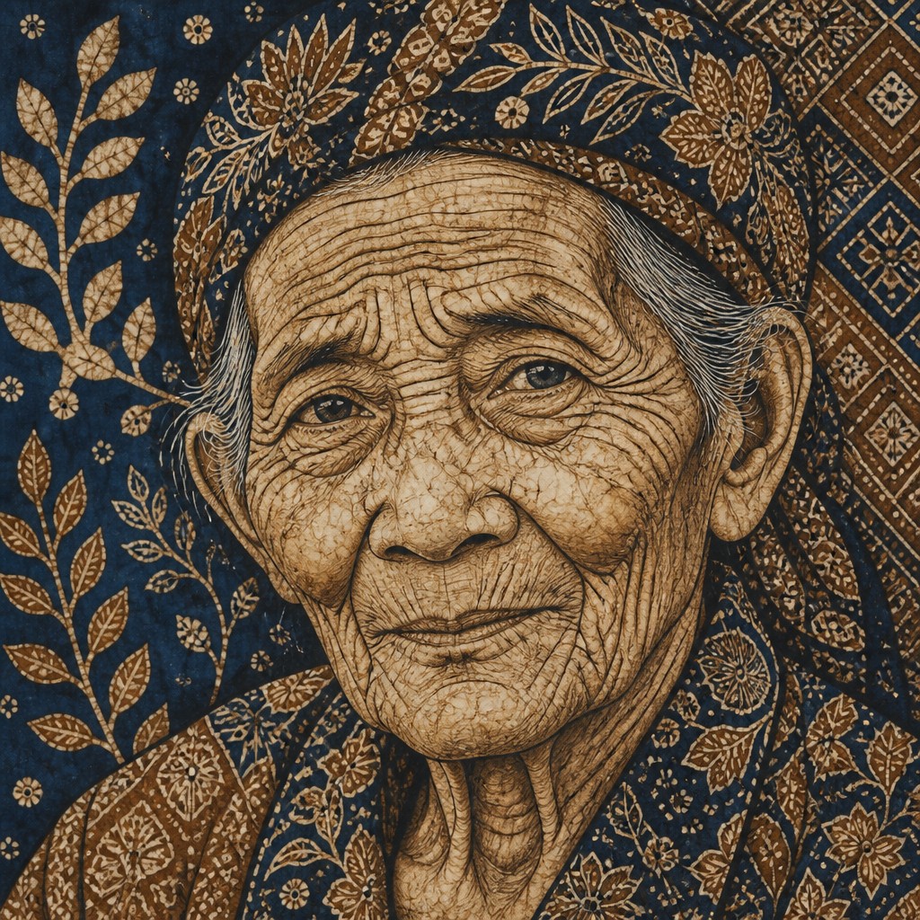 close-up portrait of an elderly person with expressive weathered features — Batik Art Style