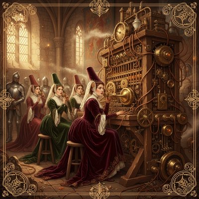 Steampunk Historical Fantasy, Satirical Illustration Style, Cinematic Lighting. A bizarre, anachronistic scene inside a drafty medieval castle great hall (Camelot). A group of noblewomen, dressed in elaborate 6th-century velvet gowns, wimples, and tall pointed hennin hats with veils, are seated on rough wooden stools. They are furiously working a massive, makeshift telephone switchboard operator station.

The Technology: The switchboard is constructed from rough-hewn oak timbers, gleaming brass gears, porcelain insulators, and hundreds of thick, chaotic copper wires that are strung haphazardly across ancient tapestries and stone walls, disappearing out narrow arrow-slit windows.

The Action: The ladies hold bulky, antique Victorian-era earpieces and large brass mouthpieces, plugging heavy cables with oversized jacks into the board with expressions of intense concentration and mild confusion. Knights in armor walk past in the background, looking bewildered. Sunlight streams through gothic windows, illuminating the dust and the clash of eras.