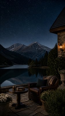 a tranquil mountain lake beneath a starry night sky, no people, no text