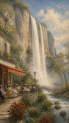 towering waterfall cascading down a cliff