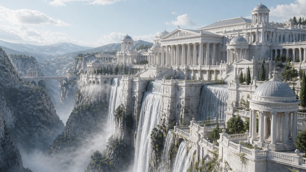 a cliffside city with waterfalls cascading into a misty canyon, wide establishing shot, no people, no text