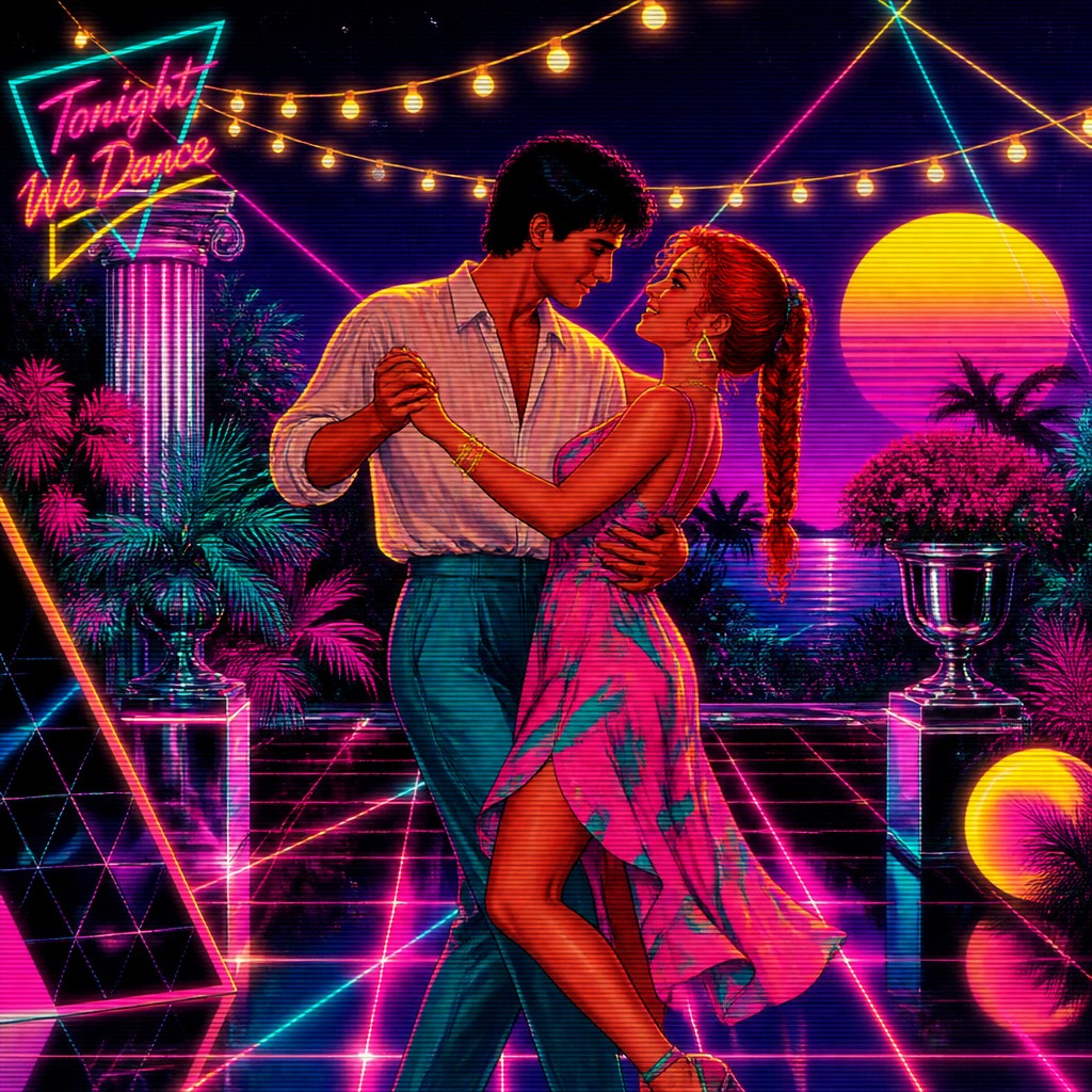 an original couple dancing under string lights in a garden at dusk: a man with short black hair in a linen shirt and a woman with braided red hair in a summer dress