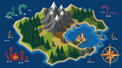 a map of an island realm with mountains, forests, a sheltered bay, sea monsters in the water and a compass rose, no text labels