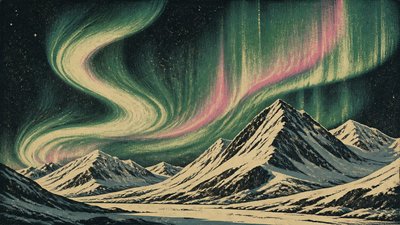 a flowing aurora over snowy peaks, wide sweeping composition, no people, no text