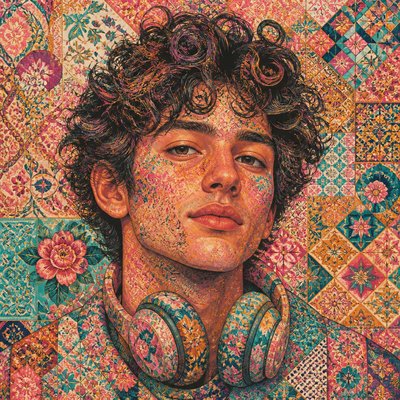 head-and-shoulders portrait of an original character: a young man with curly dark hair and headphones around his neck, plain backdrop, no text