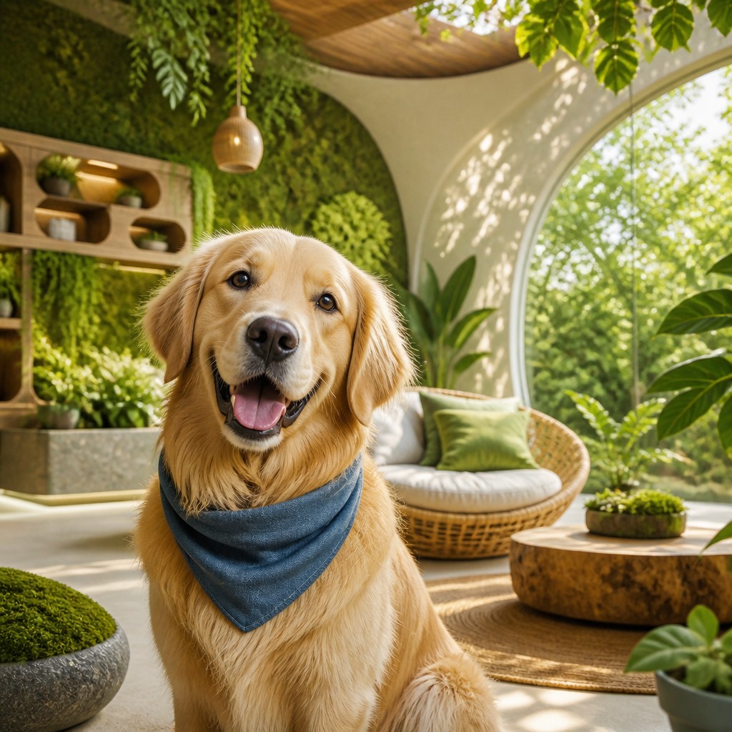 portrait of a golden retriever wearing a blue bandana, warm plain backdrop, no text