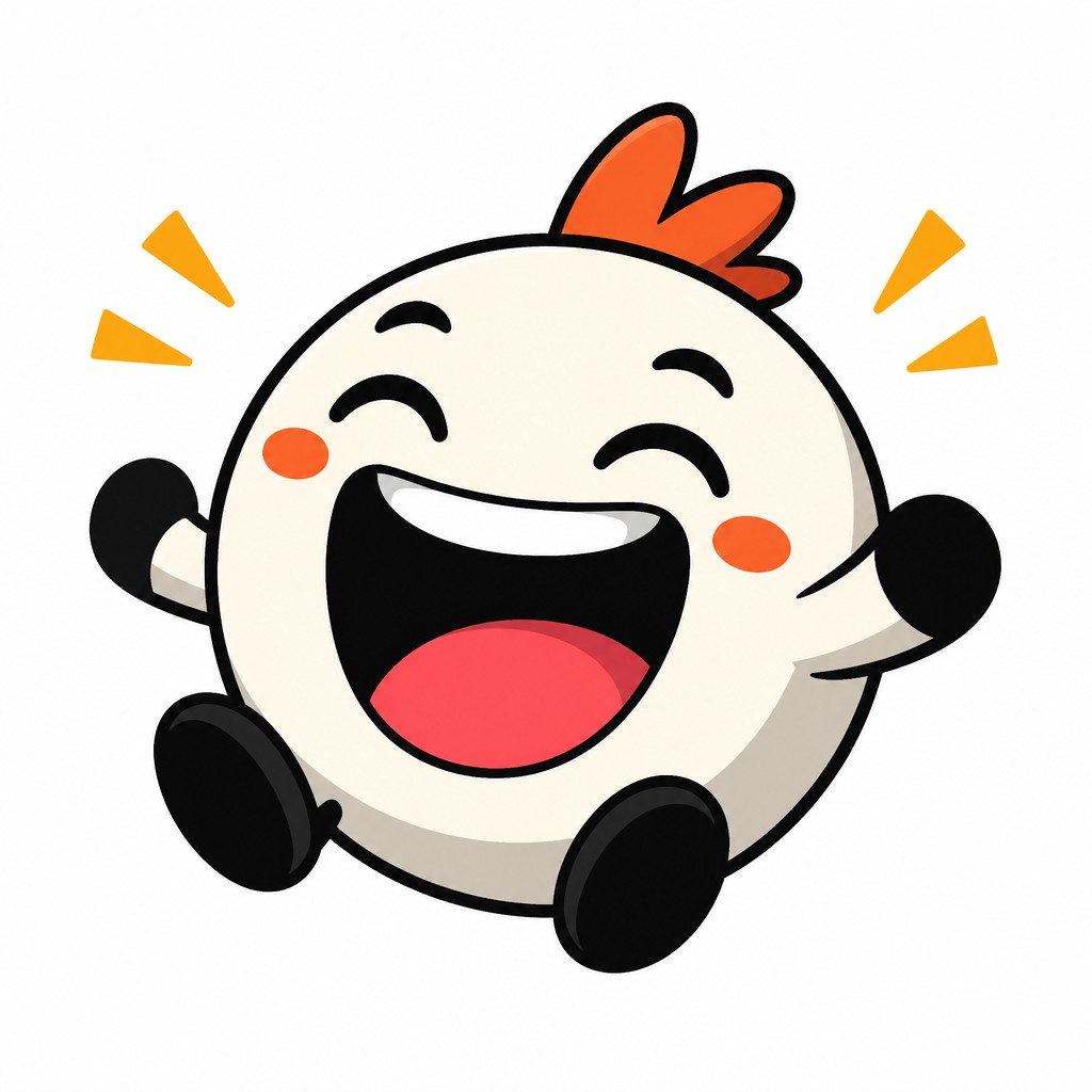 an exaggerated laughing face of an original round mascot character, bold and readable at small size, plain background, no text