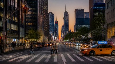 bustling city street panorama at dusk
