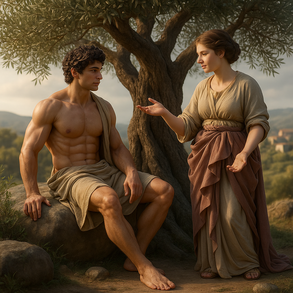 a painting of a man and a woman sitting next to a tree