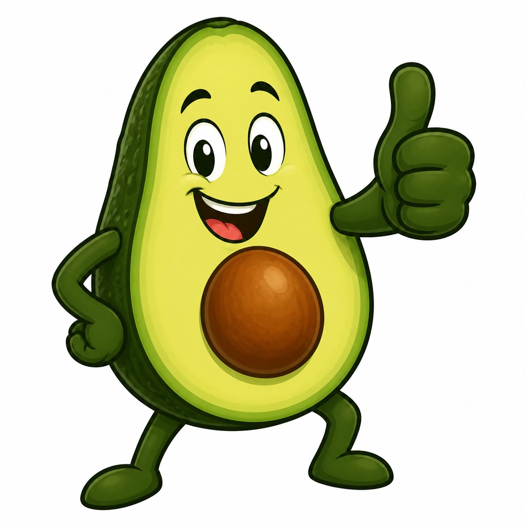 a happy avocado character giving a thumbs up, bold readable design on a plain background, no text