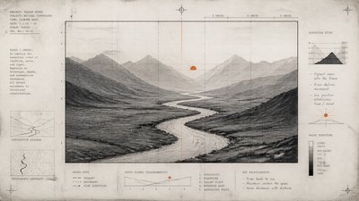 a vast valley with a river winding toward distant mountains at sunrise, no people, no text
