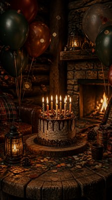 a birthday cake with lit candles surrounded by balloons and confetti, festive vertical composition, no text