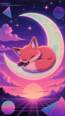a sleeping baby fox curled on a crescent moon among soft stars, gentle and warm, no text