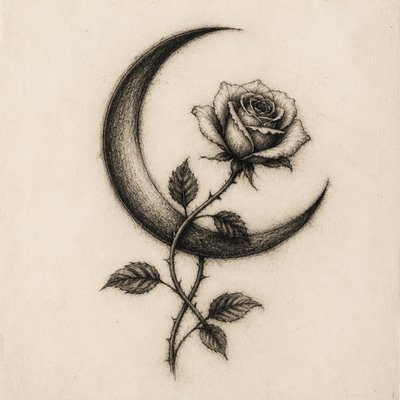 a rose entwined with a crescent moon, clean balanced composition on a plain background, no text