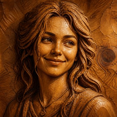 head-and-shoulders portrait of an original character: a young woman with wavy chestnut hair and a warm smile, plain soft backdrop