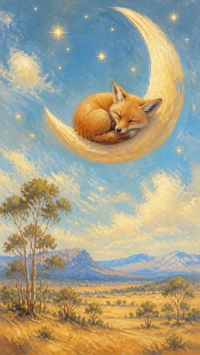 a sleeping baby fox curled on a crescent moon among soft stars, gentle and warm, no text
