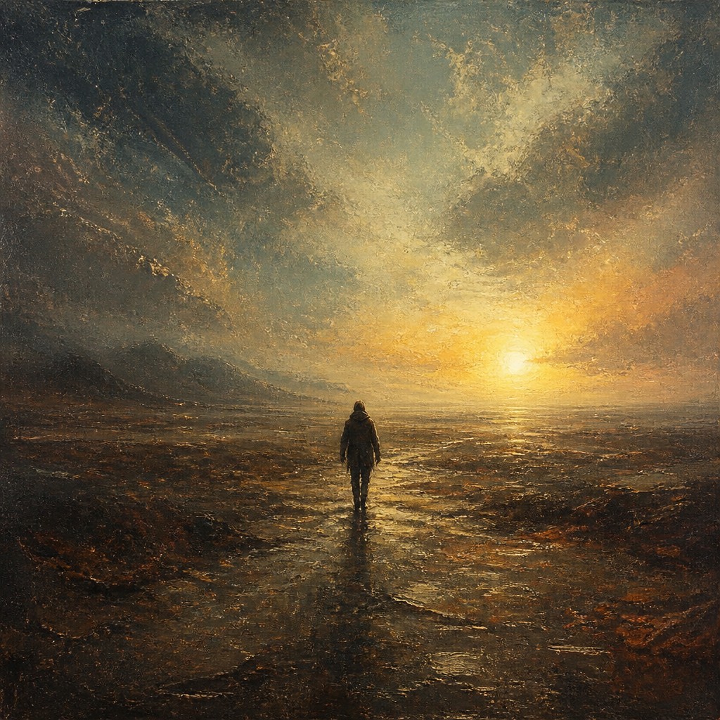 a solitary figure walking toward a glowing horizon across an empty plain, moody atmosphere, no text or lettering