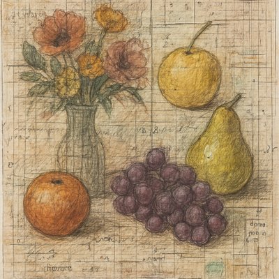 still life arrangement of fruits and flowers