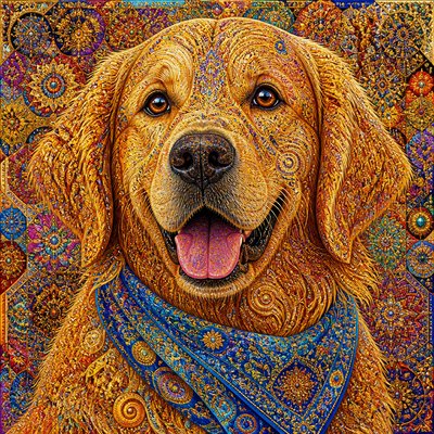 portrait of a golden retriever wearing a blue bandana, warm plain backdrop, no text