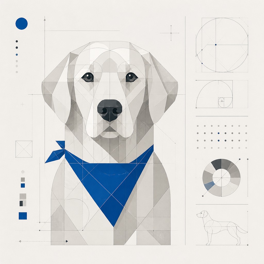 portrait of a golden retriever wearing a blue bandana, warm plain backdrop, no text