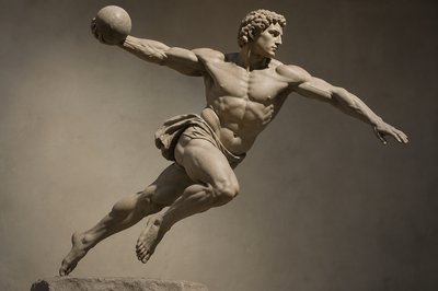 ancient greek athlete throwing a ball mid air