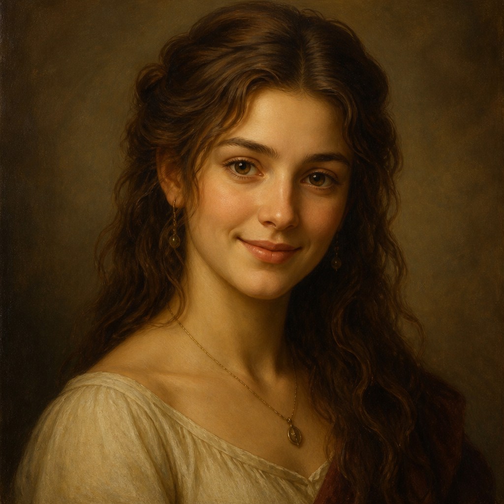 head-and-shoulders portrait of an original character: a young woman with wavy chestnut hair and a warm smile, plain soft backdrop