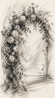 an arch of white roses and eucalyptus in soft morning light, elegant vertical composition with open space, no text