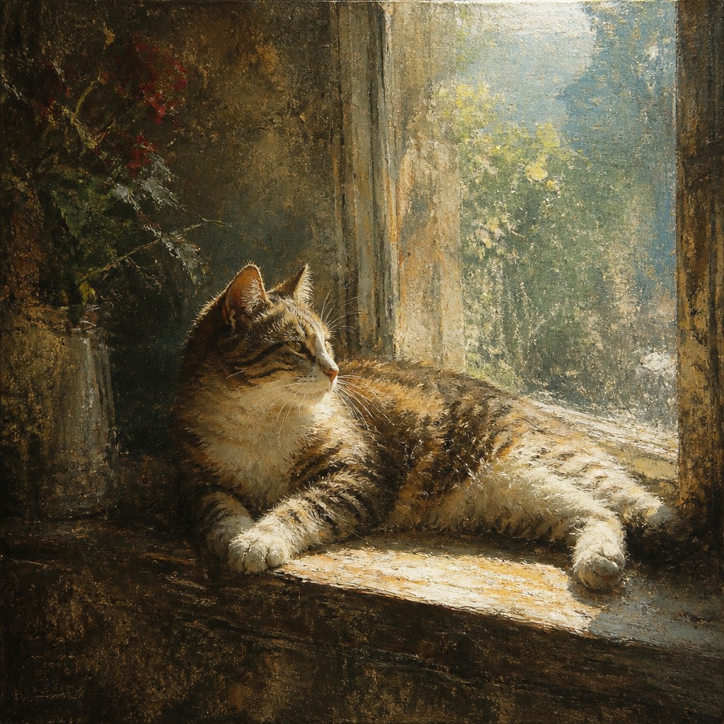 a cat lounging in a sunlit window — Scumbling Painting Style