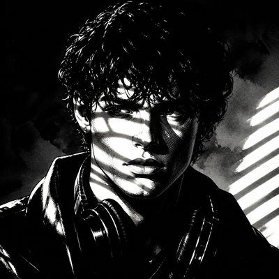 head-and-shoulders portrait of an original character: a young man with curly dark hair and headphones around his neck, plain backdrop, no text