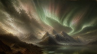 a flowing aurora over snowy peaks, wide sweeping composition, no people, no text