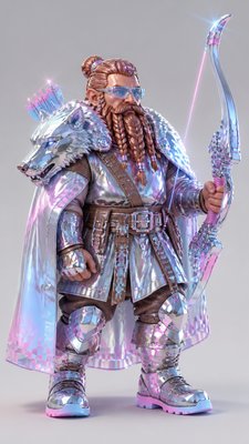 full-body original character: a dwarven ranger with a braided auburn beard, worn leather armor, a longbow and a wolf-pelt cloak, neutral background, no text