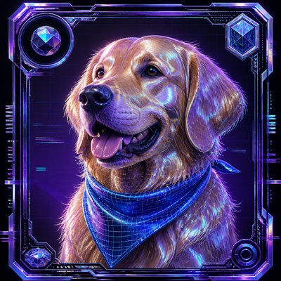 portrait of a golden retriever wearing a blue bandana, warm plain backdrop, no text