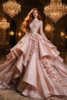 Photorealistic High Fashion Photography, Cinematic Lighting. A breathtaking woman with long, flowing, vibrant red hair cascading gracefully down her back. She is wearing a modest yet magnificent avant-garde ballroom gown in soft rose-pink.

    The dress features a high-neckline lace bodice with a sophisticated, non-transparent lining and elegant, sheer long sleeves adorned with delicate pink floral embroidery at the cuffs. The waist transitions into an extraordinary, voluminous skirt made of massive, sharp fan-like pleats and sculptural ruffled layers that create a dramatic silhouette.

    Beautiful cascading silk roses and cherry blossoms trail from the waist down the side of the structural pleats. She stands in the center of an opulent, gold-leafed grand ballroom under the glow of massive crystal chandeliers. The lighting is warm and ethereal, highlighting the shimmering textures of the fabric and the rich contrast of her red hair. High-end fashion editorial style, 8k resolution, graceful and dignified.