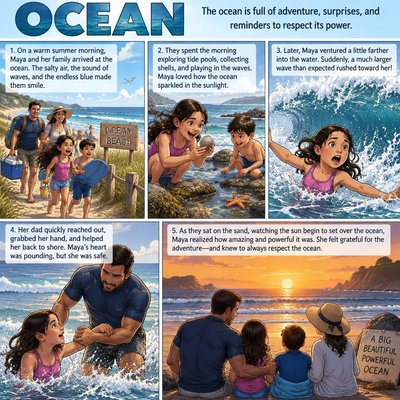Please create a narrative for the spelling word "ocean". Please prominently feature the word as a heading.