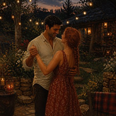 an original couple dancing under string lights in a garden at dusk: a man with short black hair in a linen shirt and a woman with braided red hair in a summer dress
