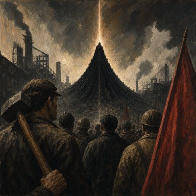 a painting of a group of people standing in front of a mountain