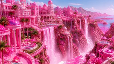 a cliffside city with waterfalls cascading into a misty canyon, wide establishing shot, no people, no text