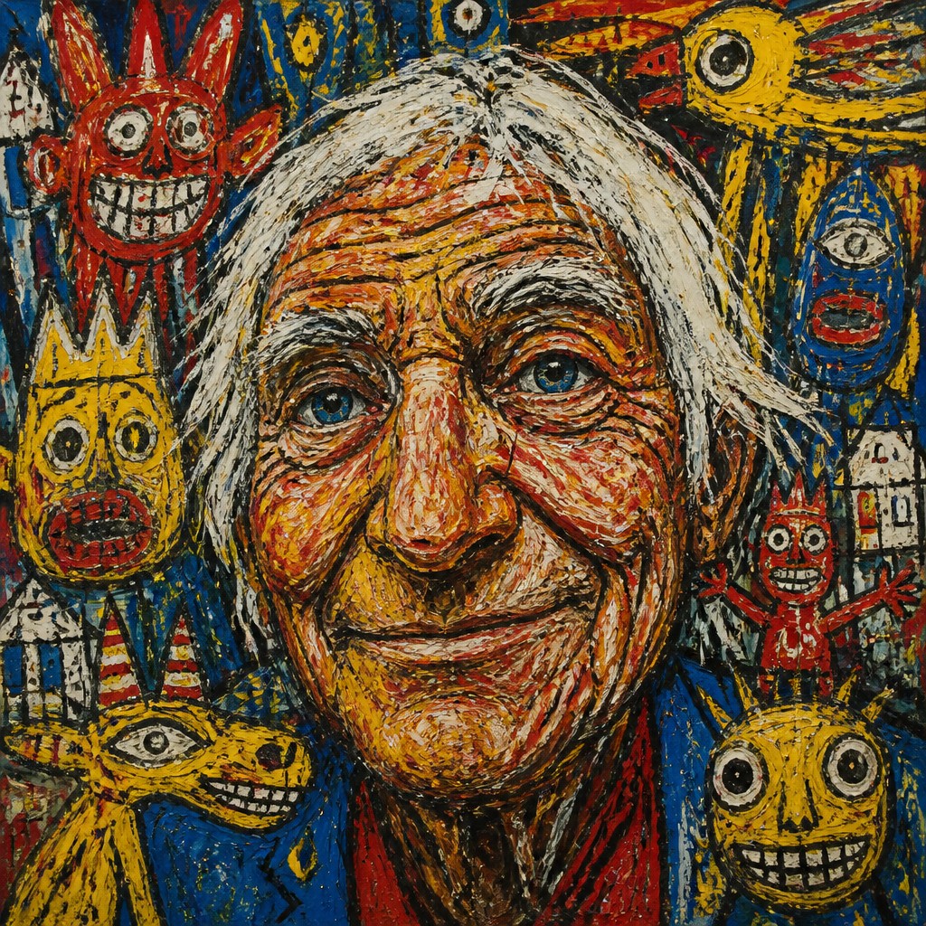 close-up portrait of an elderly person with expressive weathered features — CoBrA Art Style