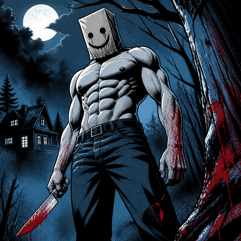 Je veux que tu me dessines un homme abdo incroyable un peu comme un slasher avec un couteau et un mask en paper bag avec un sourire creepy il a un pantalon normal
Je veux aucun texte , et des couleurs, hyper froides, aucune couleur chaude à part le rouge vif peut-être du blanc et du noir c’est tout