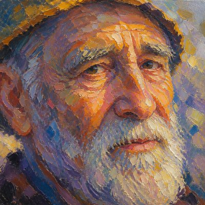close-up portrait of an elderly person with expressive weathered features