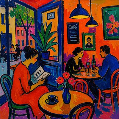 cozy cafe interior with warm lighting