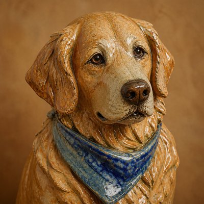 portrait of a golden retriever wearing a blue bandana, warm plain backdrop, no text