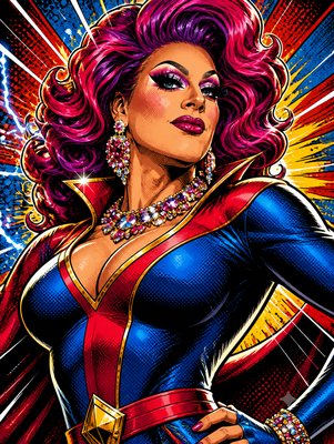 a woman in a blue and red costume