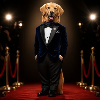 portrait of a golden retriever wearing a blue bandana, warm plain backdrop, no text
