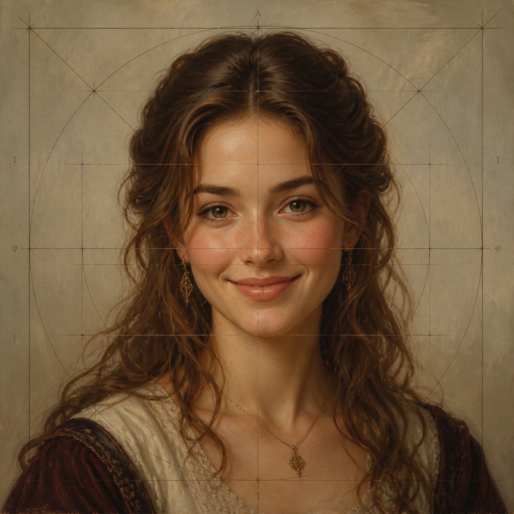 head-and-shoulders portrait of an original character: a young woman with wavy chestnut hair and a warm smile, plain soft backdrop