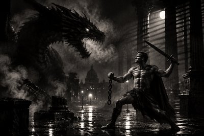 a man holding a sword in front of a dragon