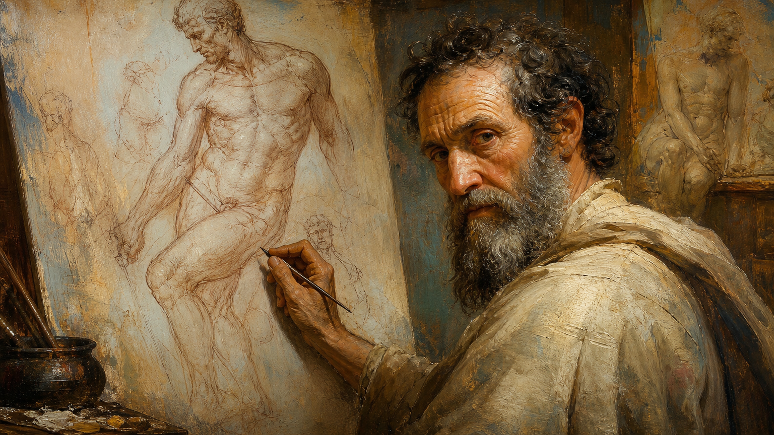 Michelangelo drawing an ignudi sketch