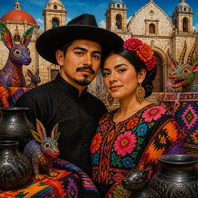 portrait of two people together — Oaxaca Art Style