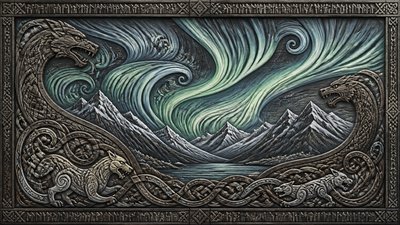 a flowing aurora over snowy peaks, wide sweeping composition, no people, no text